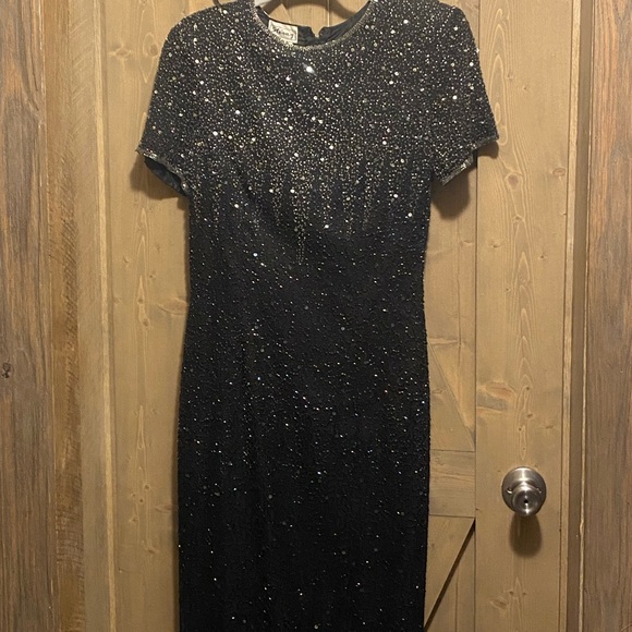 Stenay Formal Maxi Silk Gown Black Sequin Beaded Short Sleeve Sz 10 Vintage 80’s - Picture 3 of 16